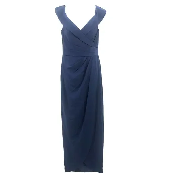 La Femme 25206 Wrap V-Neck Side Slit Maxi Dress Sleeveless Navy Blue Size 4